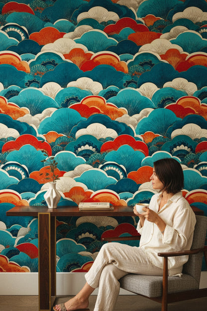 Vibrant Teal and Orange Japanese Wave Wallpaper