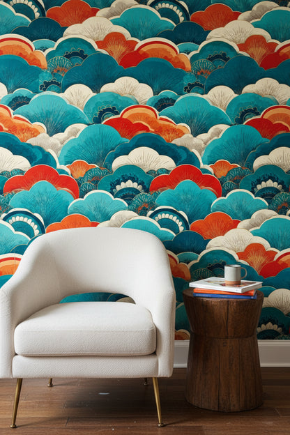 Vibrant Teal and Orange Japanese Wave Wallpaper