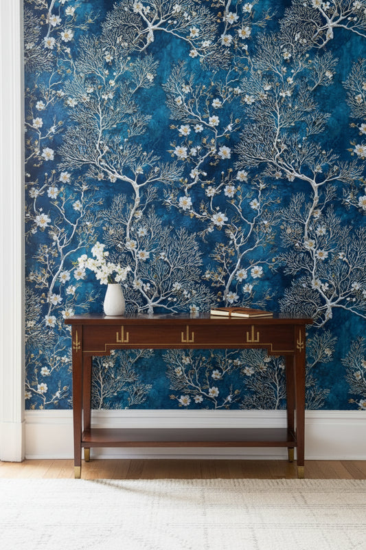 Midnight Blue Cherry Blossom Botanical Wallpaper