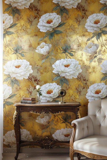 Opulent Gold Look Background White Peony Floral Wallpaper