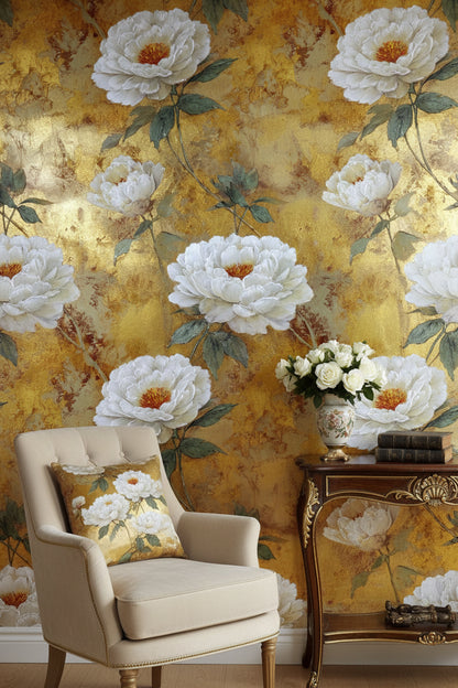 Opulent Gold Look Background White Peony Floral Wallpaper