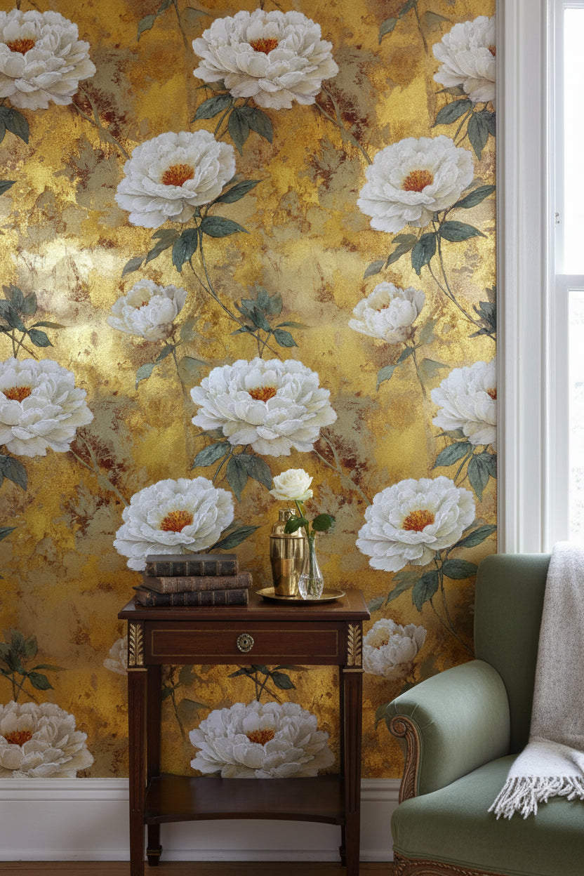 Opulent Gold Look Background White Peony Floral Wallpaper