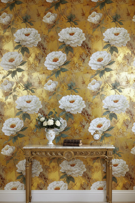 Opulent Gold Look Background White Peony Floral Wallpaper
