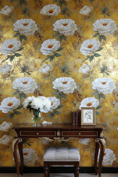 Opulent Gold Look Background White Peony Floral Wallpaper