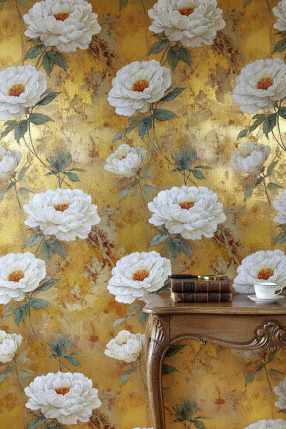 Opulent Gold Look Background White Peony Floral Wallpaper