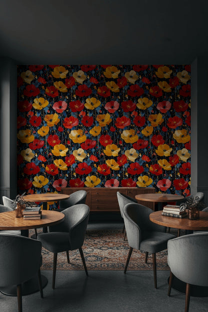 Bold Black Background Wildflower Floral Wallpaper