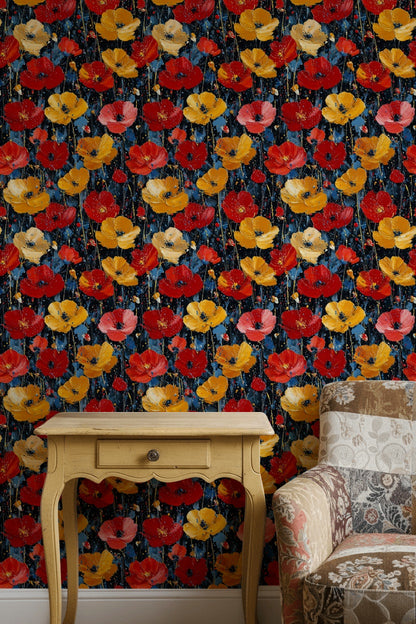 Bold Black Background Wildflower Floral Wallpaper