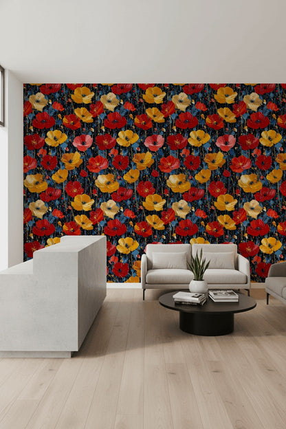 Bold Black Background Wildflower Floral Wallpaper