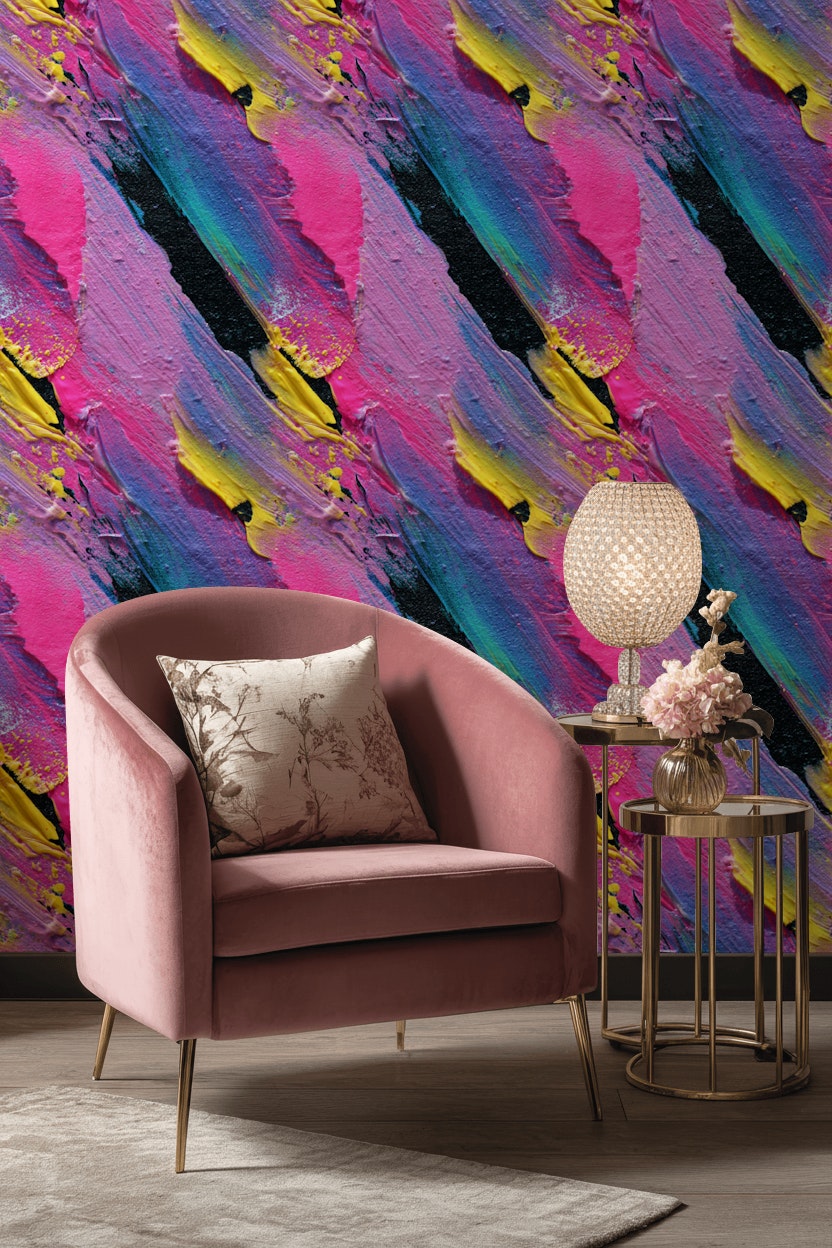 Bold Black and Pink Abstract Brushstroke Wallpaper