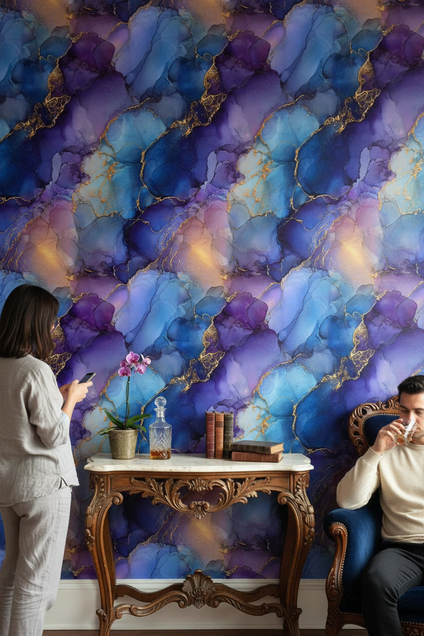 Rich Blue and Purple Abstract Marble Wallpaper