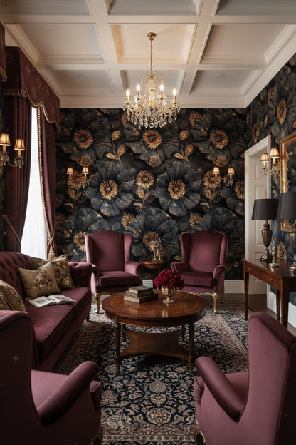 Golden Look Black Textured Large Floral Wallpaper