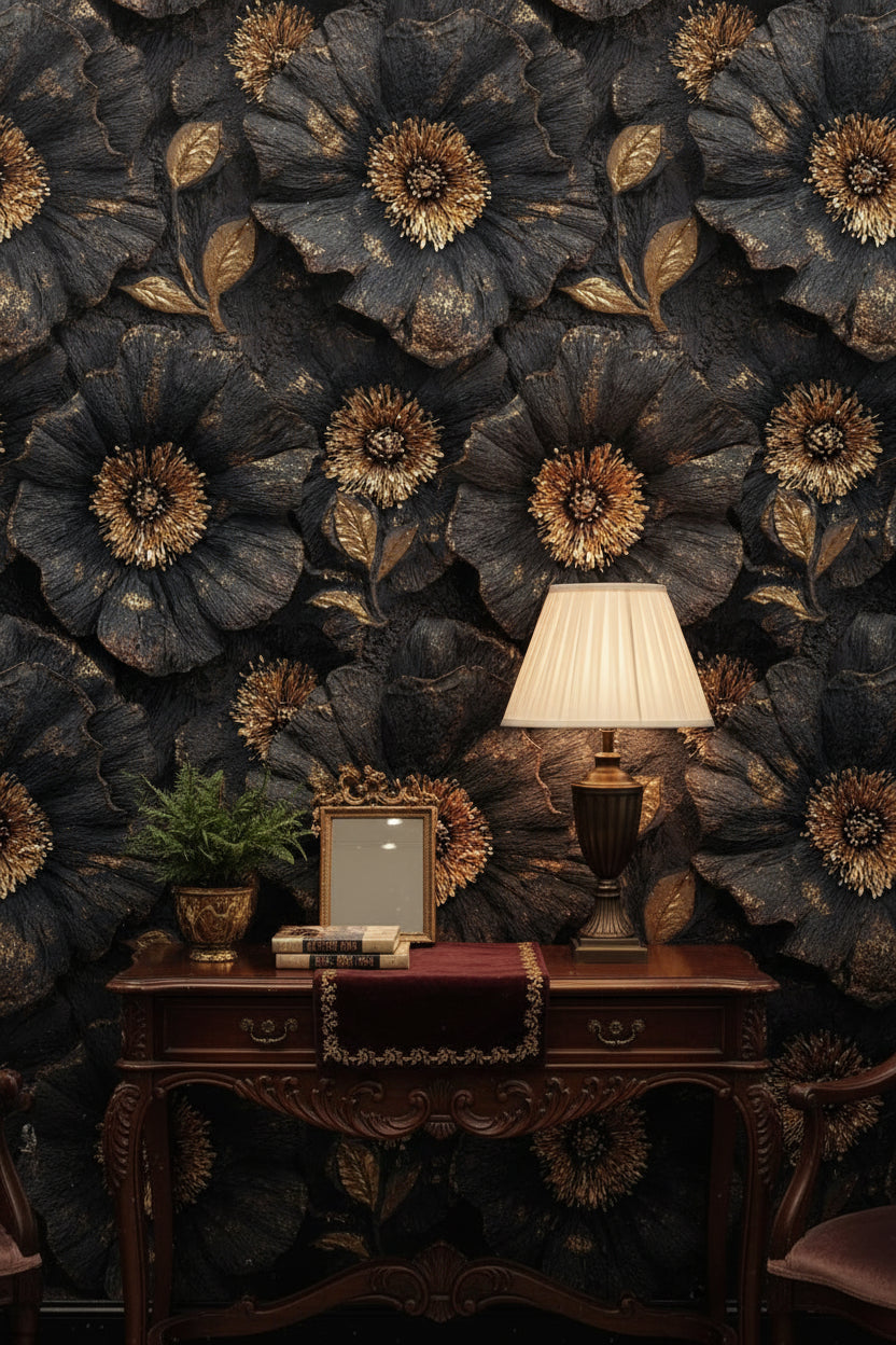 Golden Look Black Textured Large Floral Wallpaper