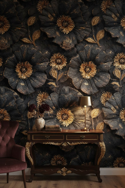 Golden Look Black Textured Large Floral Wallpaper