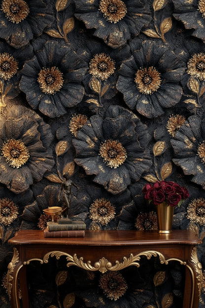 Golden Look Black Textured Large Floral Wallpaper