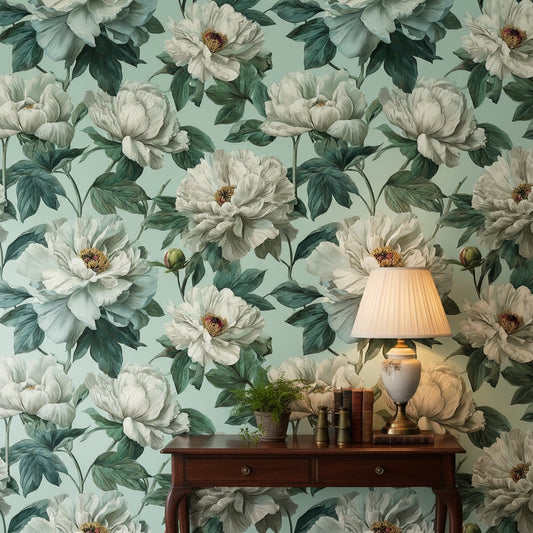 Mint Green Large Peony Floral Wallpaper