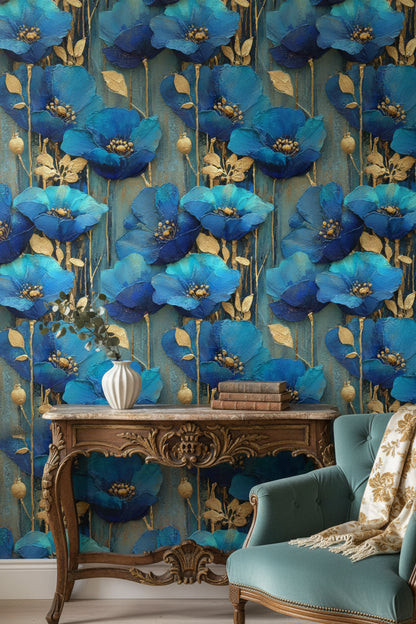 Opulent Sapphire Blue Poppies Floral Wallpaper