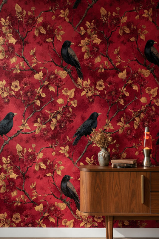Rich Crimson Cherry Blossom and Bird Wallpaper