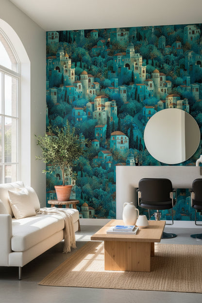 Teal Fantasy Architecture Landscape Wallpaper