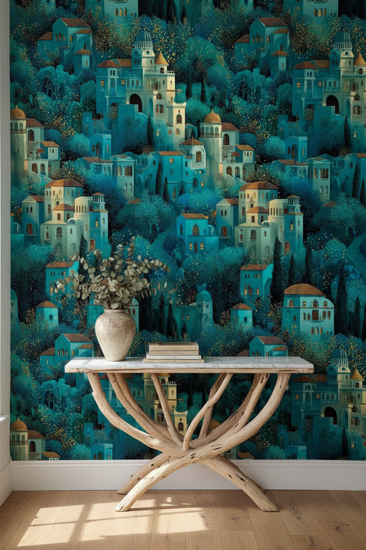 Teal Fantasy Architecture Landscape Wallpaper