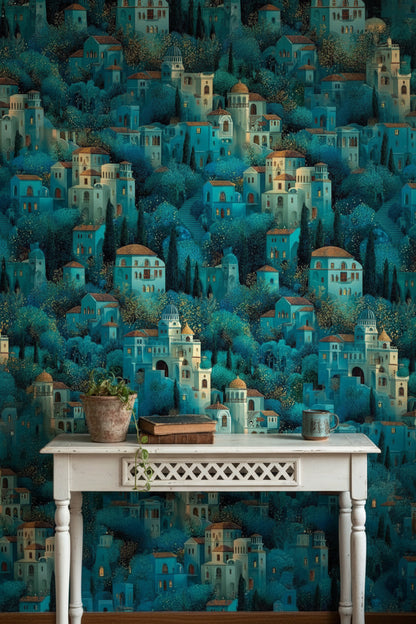 Teal Fantasy Architecture Landscape Wallpaper