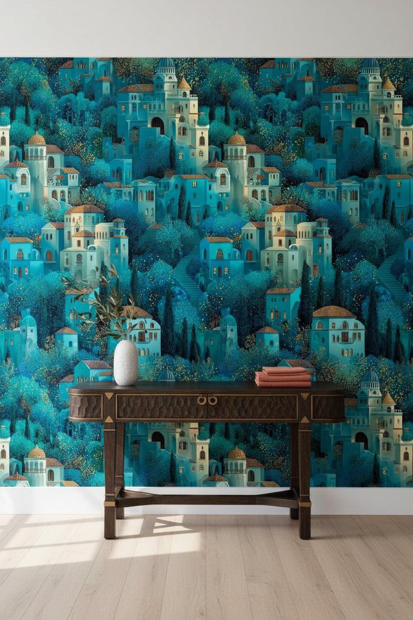 Teal Fantasy Architecture Landscape Wallpaper