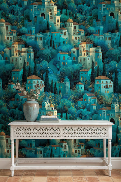 Teal Fantasy Architecture Landscape Wallpaper