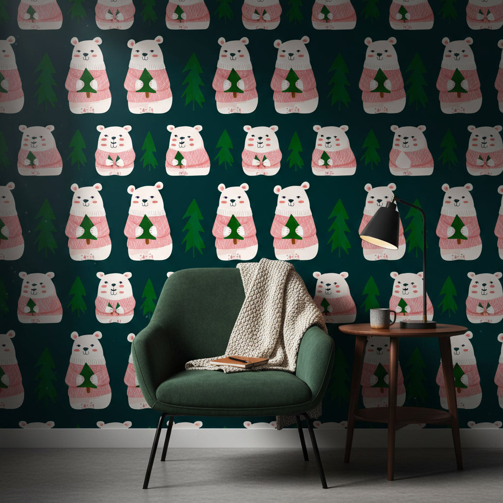 Dark Forest Cute Bear Kids Wallpaper