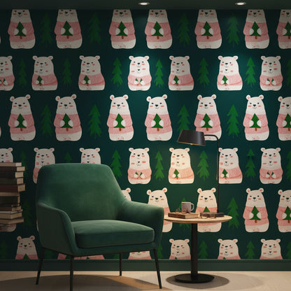 Dark Forest Cute Bear Kids Wallpaper