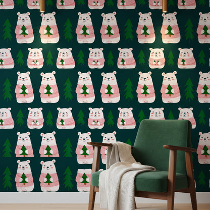 Dark Forest Cute Bear Kids Wallpaper