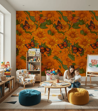 Vibrant Orange Sunflower and Butterfly Wallpaper
