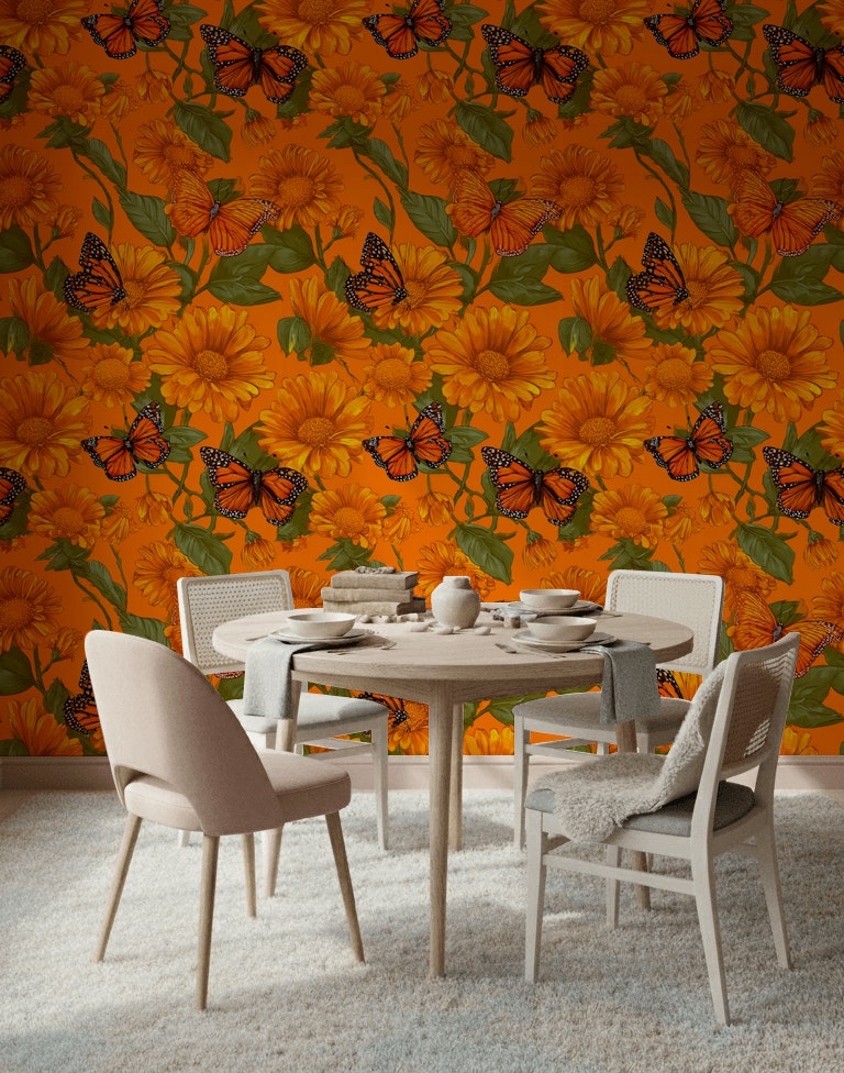 Vibrant Orange Sunflower and Butterfly Wallpaper
