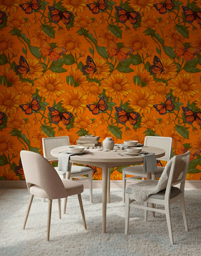 Vibrant Orange Sunflower and Butterfly Wallpaper