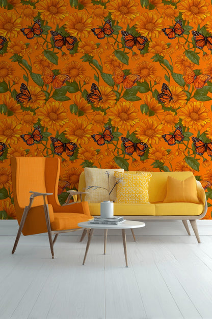 Vibrant Orange Sunflower and Butterfly Wallpaper