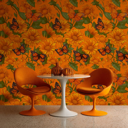 Vibrant Orange Sunflower and Butterfly Wallpaper
