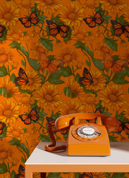 Vibrant Orange Sunflower and Butterfly Wallpaper