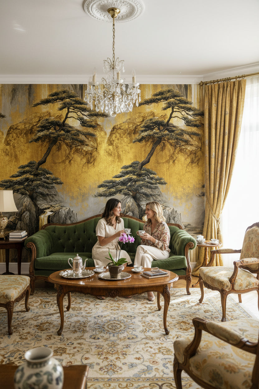 Golden Look Waterfall and Pine Scenic Wallpaper