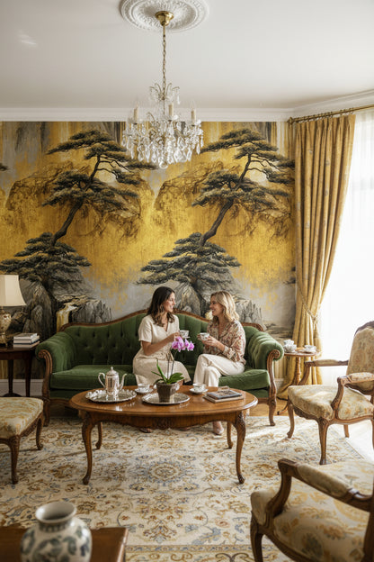 Golden Look Waterfall and Pine Scenic Wallpaper