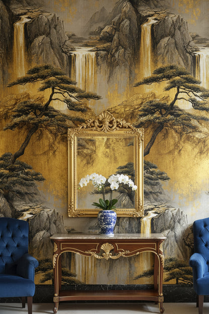 Golden Look Waterfall and Pine Scenic Wallpaper