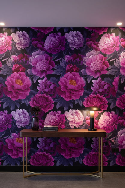 Deep Black and Purple Peony Floral Wallpaper