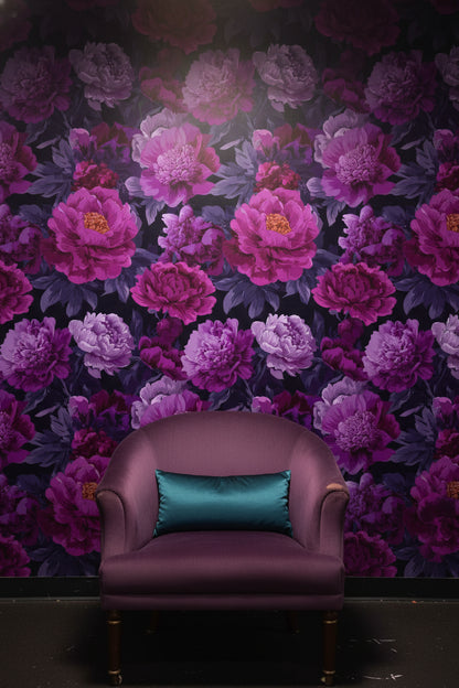 Deep Black and Purple Peony Floral Wallpaper