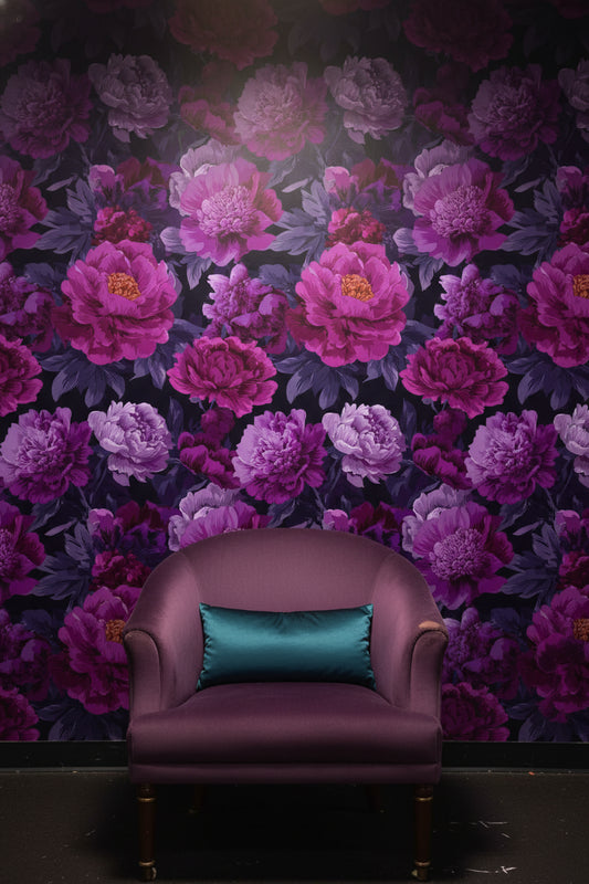 Deep Black and Purple Peony Floral Wallpaper