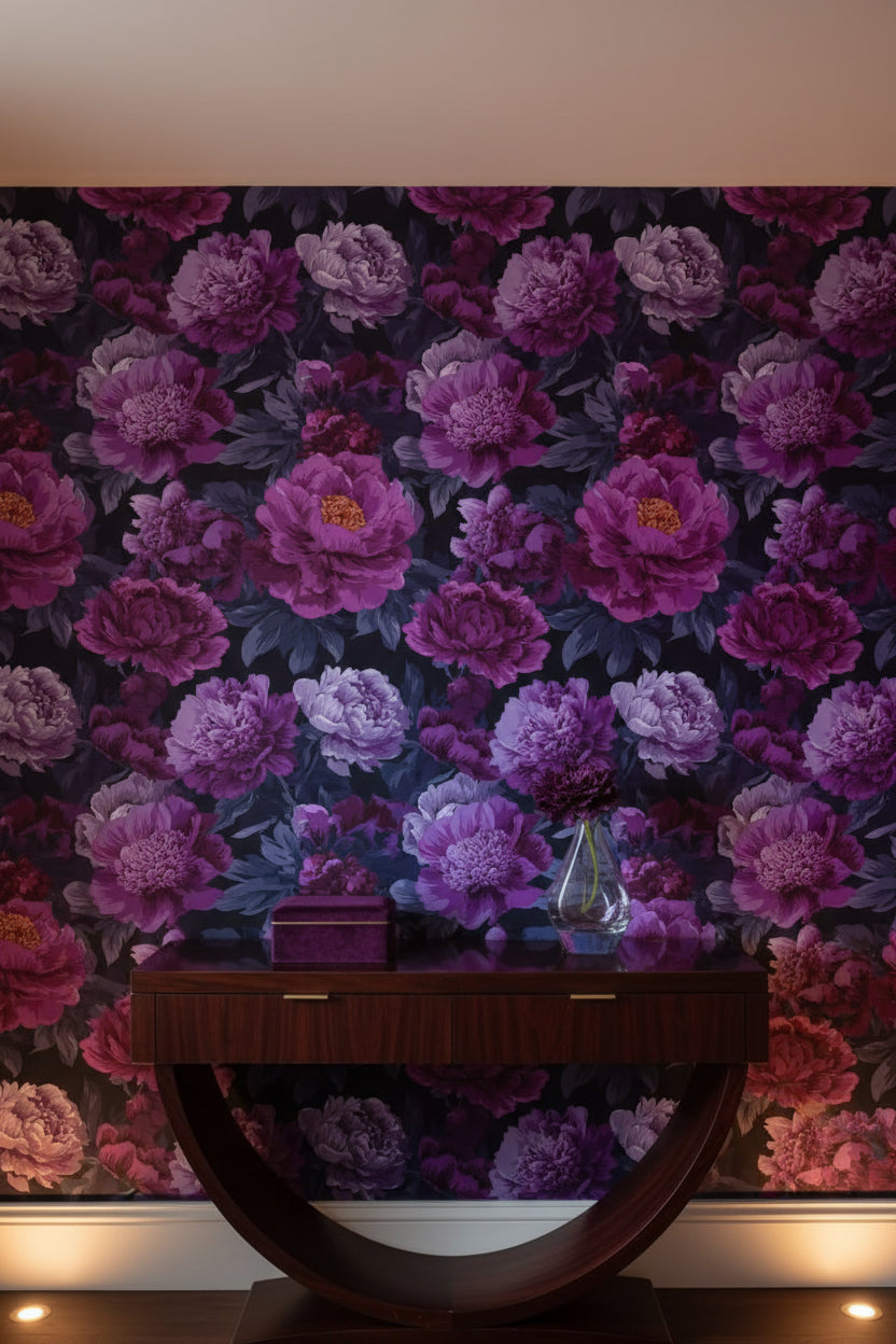 Deep Black and Purple Peony Floral Wallpaper