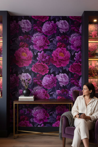 Deep Black and Purple Peony Floral Wallpaper