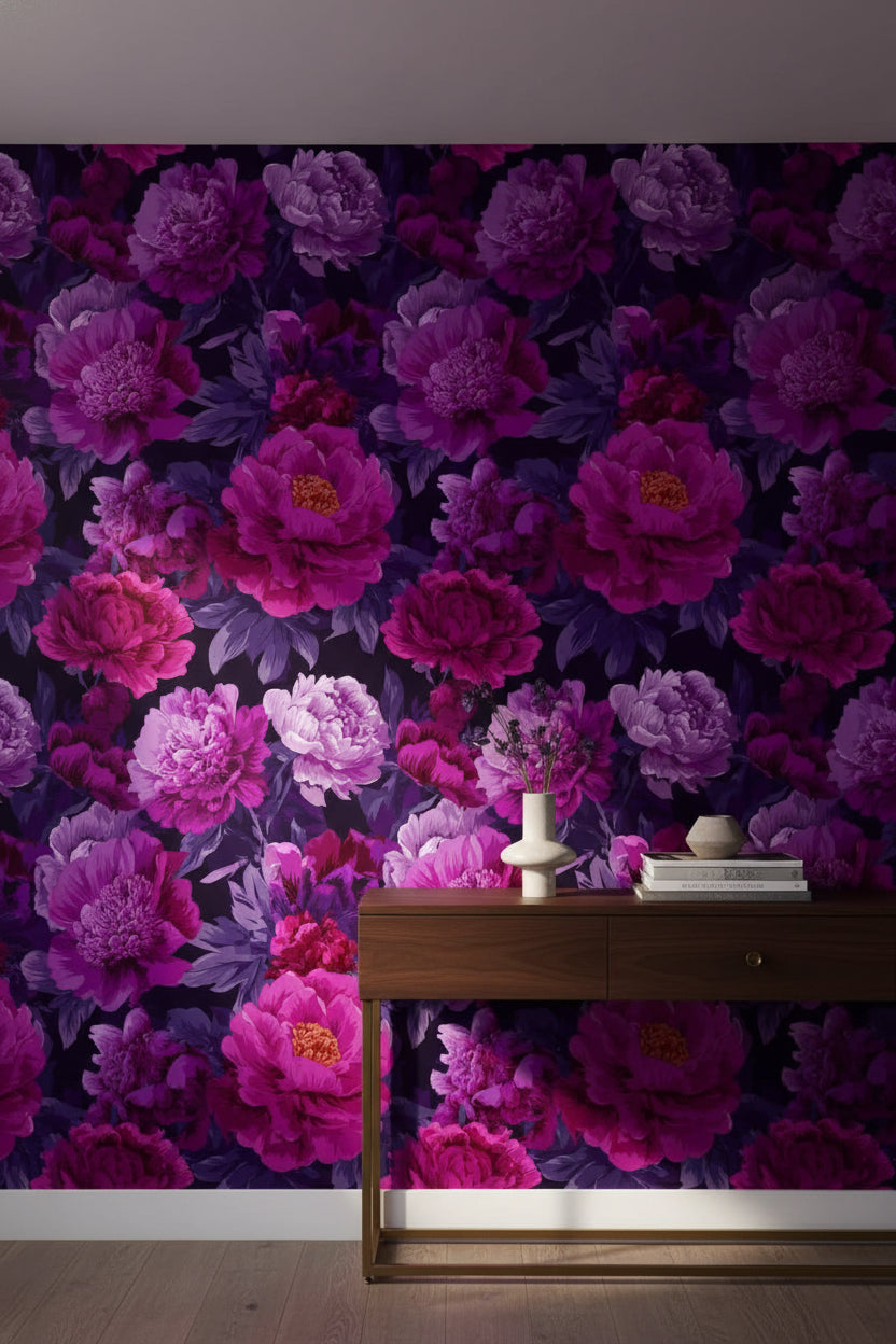Deep Black and Purple Peony Floral Wallpaper