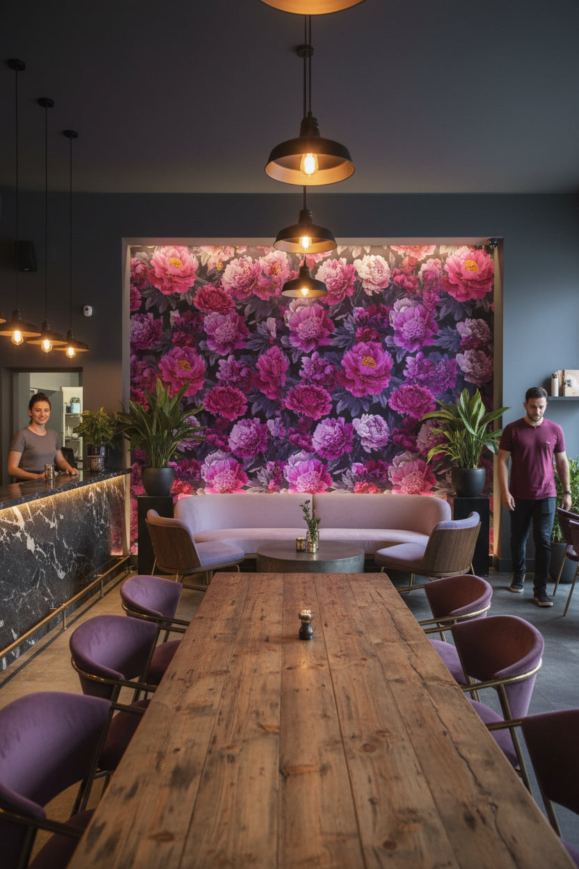 Deep Black and Purple Peony Floral Wallpaper