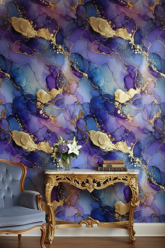 Vibrant Purple and Gold Look Abstract Swirl Wallpaper