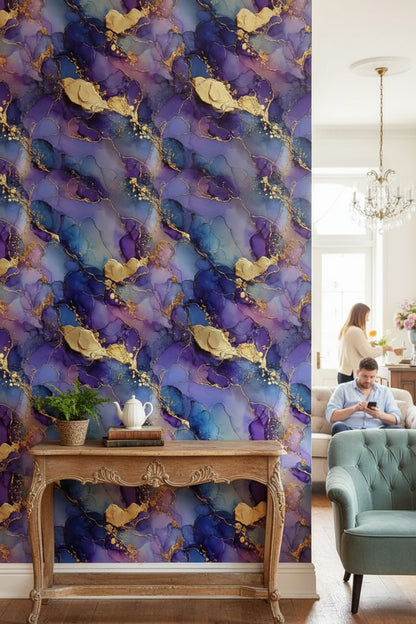 Vibrant Purple and Gold Look Abstract Swirl Wallpaper