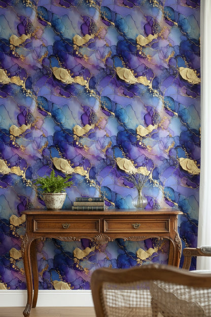 Vibrant Purple and Gold Look Abstract Swirl Wallpaper