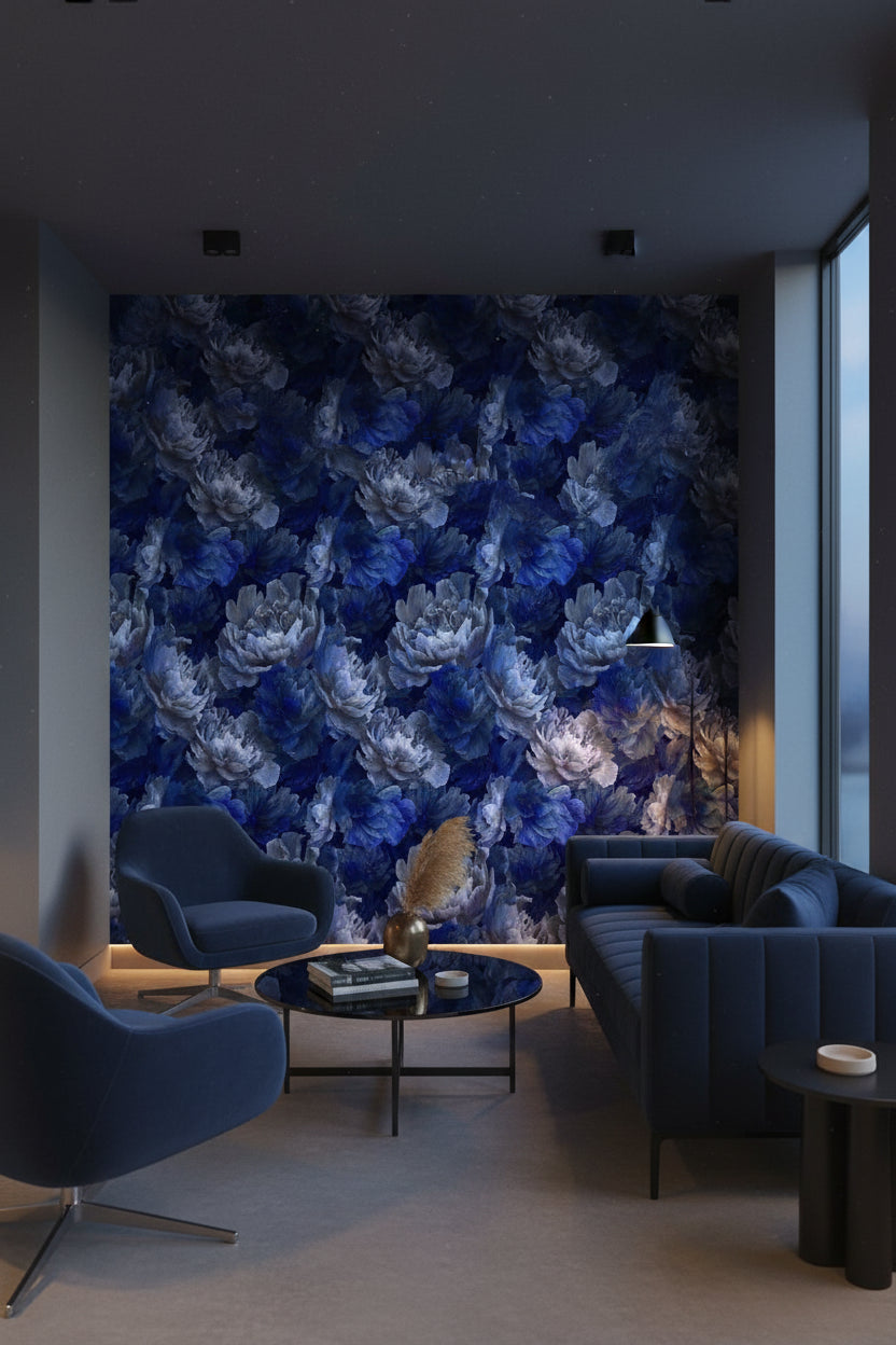 Midnight Blue Peony Floral Wallpaper