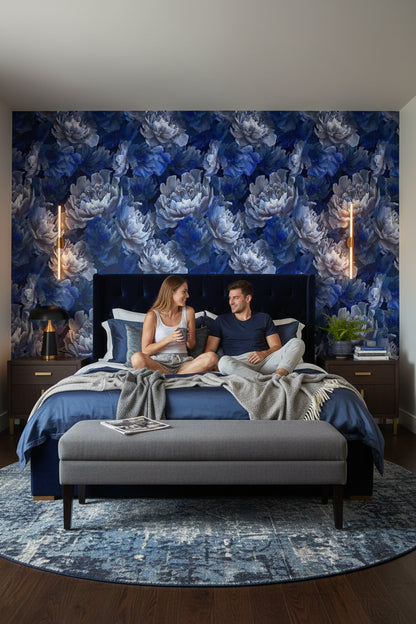 Midnight Blue Peony Floral Wallpaper